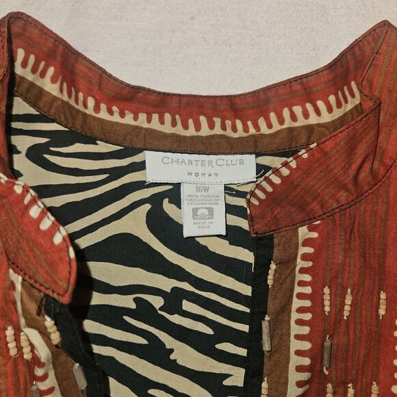 Charter Club Womens 16W Animal Print Tunic Embroidered Beaded Lightweight Cotton - Picture 3 of 8